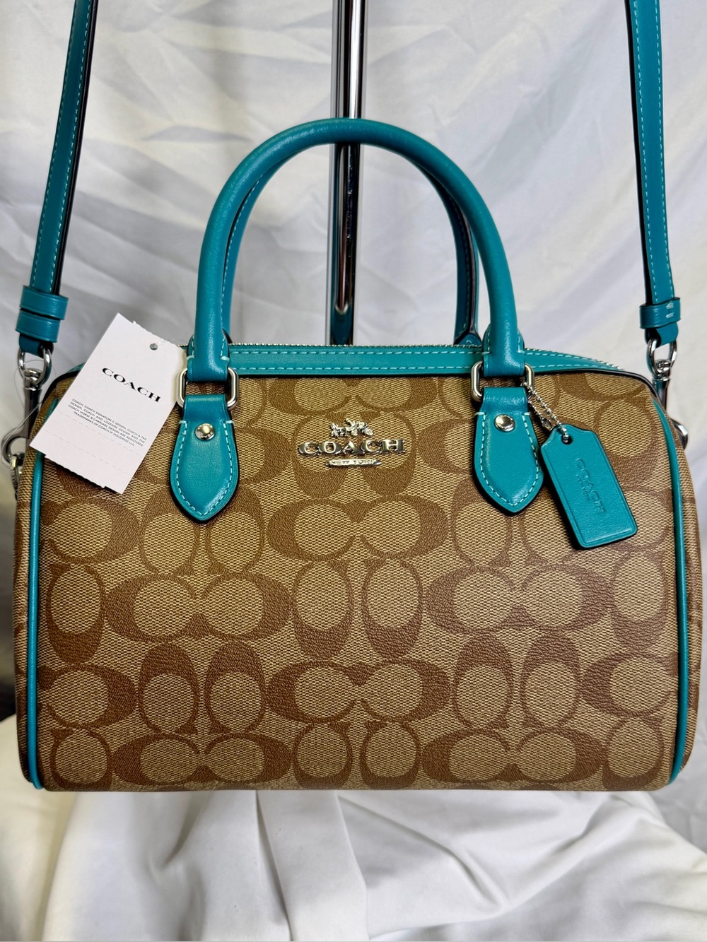 NWT - COACH Signature Rowan Brown Tan Teal Blue Crossgrain Satchel Crossbody Bag